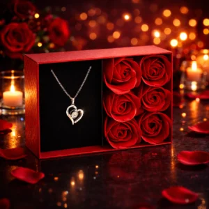 CAIXA DE ROSAS COM COLAR DE CORAÇÃO EU TE AMO